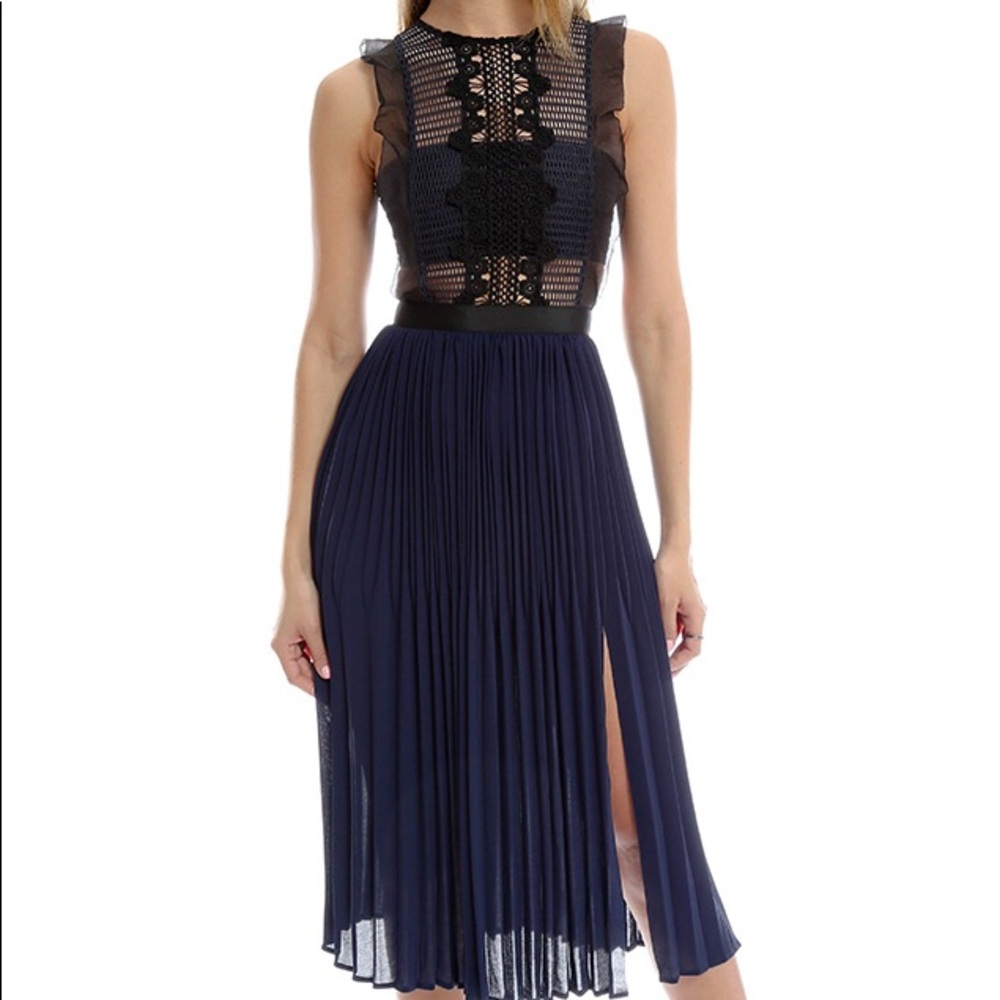 SelfPortrait Crochet Navy Pleated Dress 10